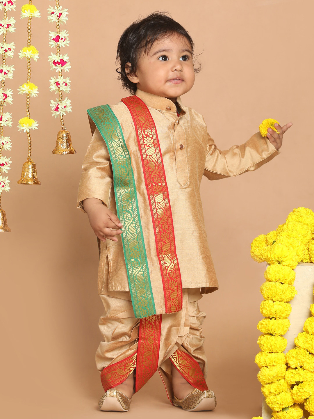 VASTRAMAY Boys Rose Gold Kurta with Dhoti Pants & With Dupatta