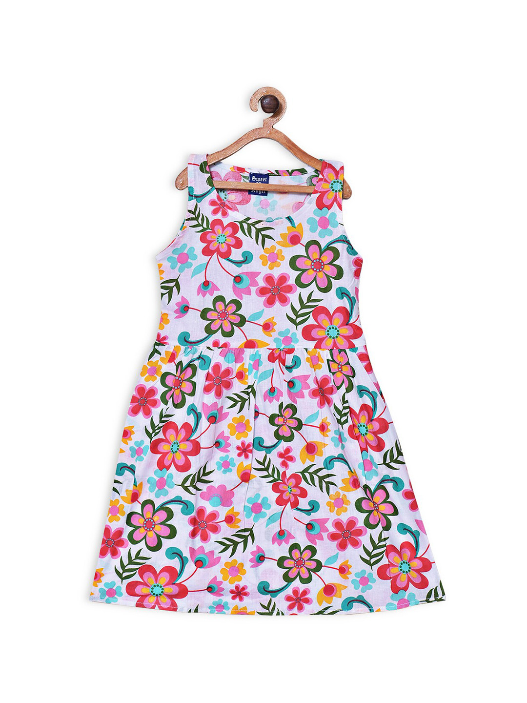 SWEET ANGEL White & Pink Floral Pure Cotton A-Line Dress