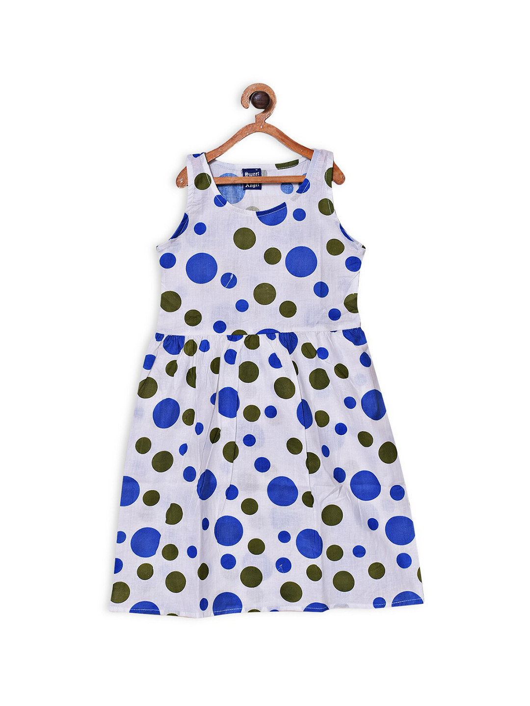 SWEET ANGEL Blue Polka Dots Printed Pure Cotton A-Line Dress