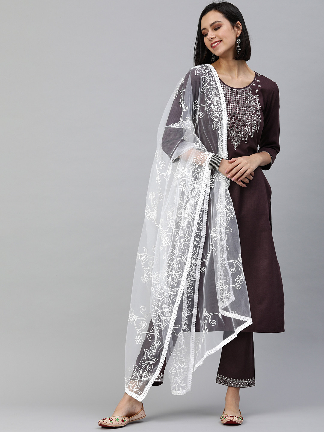 SheWill Women Coffee Brown Floral Embroidered Mirror Work Kurta with Trousers & With Dupatta