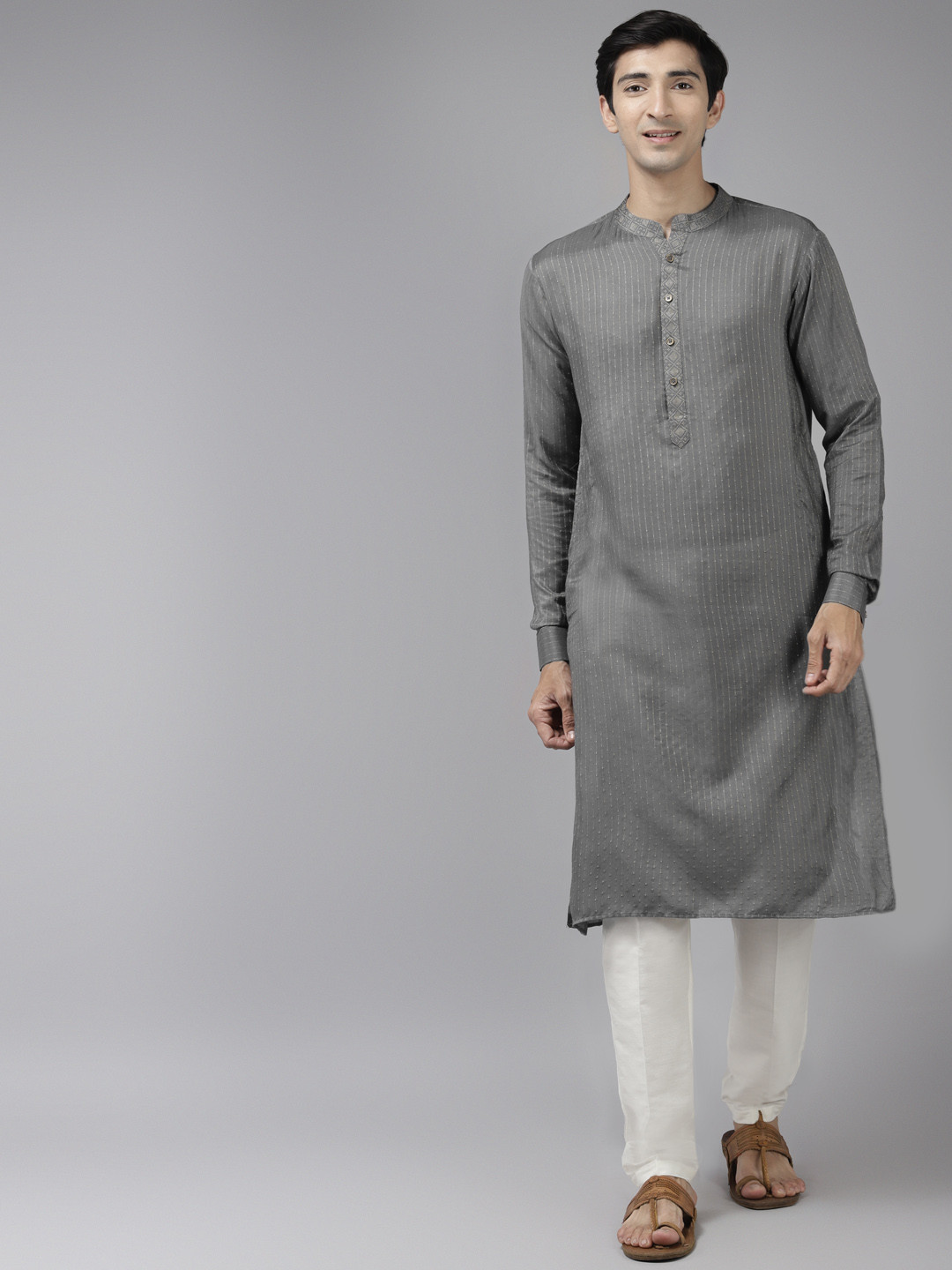 See Designs Men Grey Thread Work Kurta with Trousers