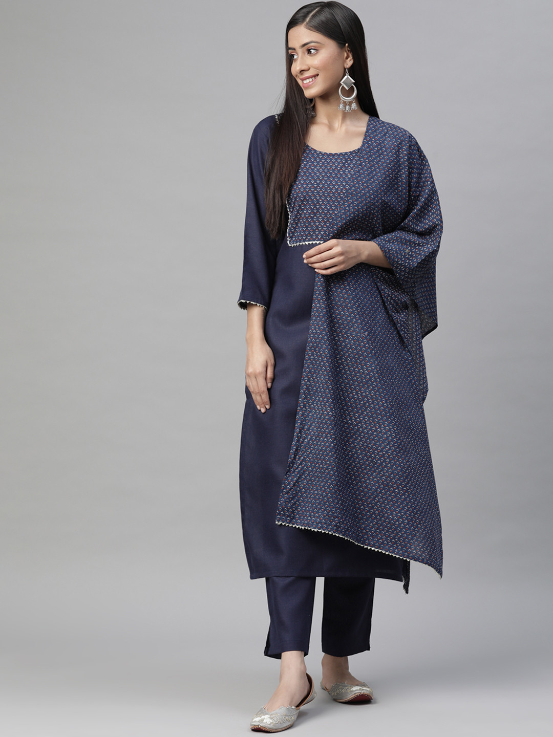 SERONA FABRICS Women Navy Blue Floral Yoke Design Gotta Patti Kurta with Trousers & With Dupatta