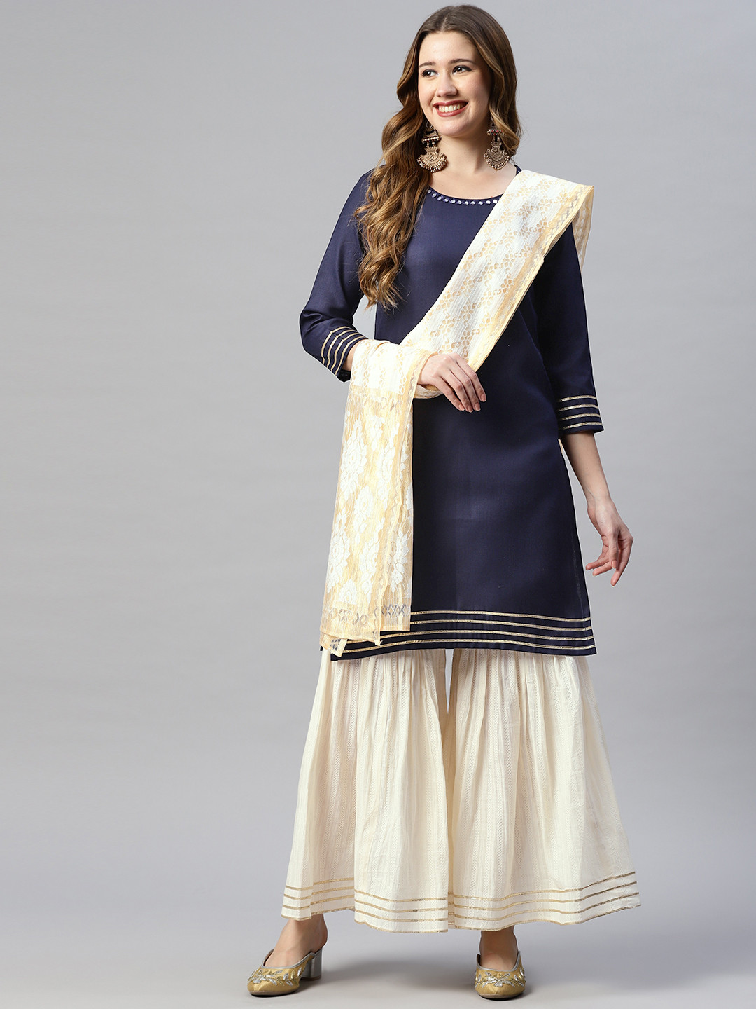 SERONA FABRICS Women Navy Blue Mirror Work Kurta with Sharara & With Dupatta