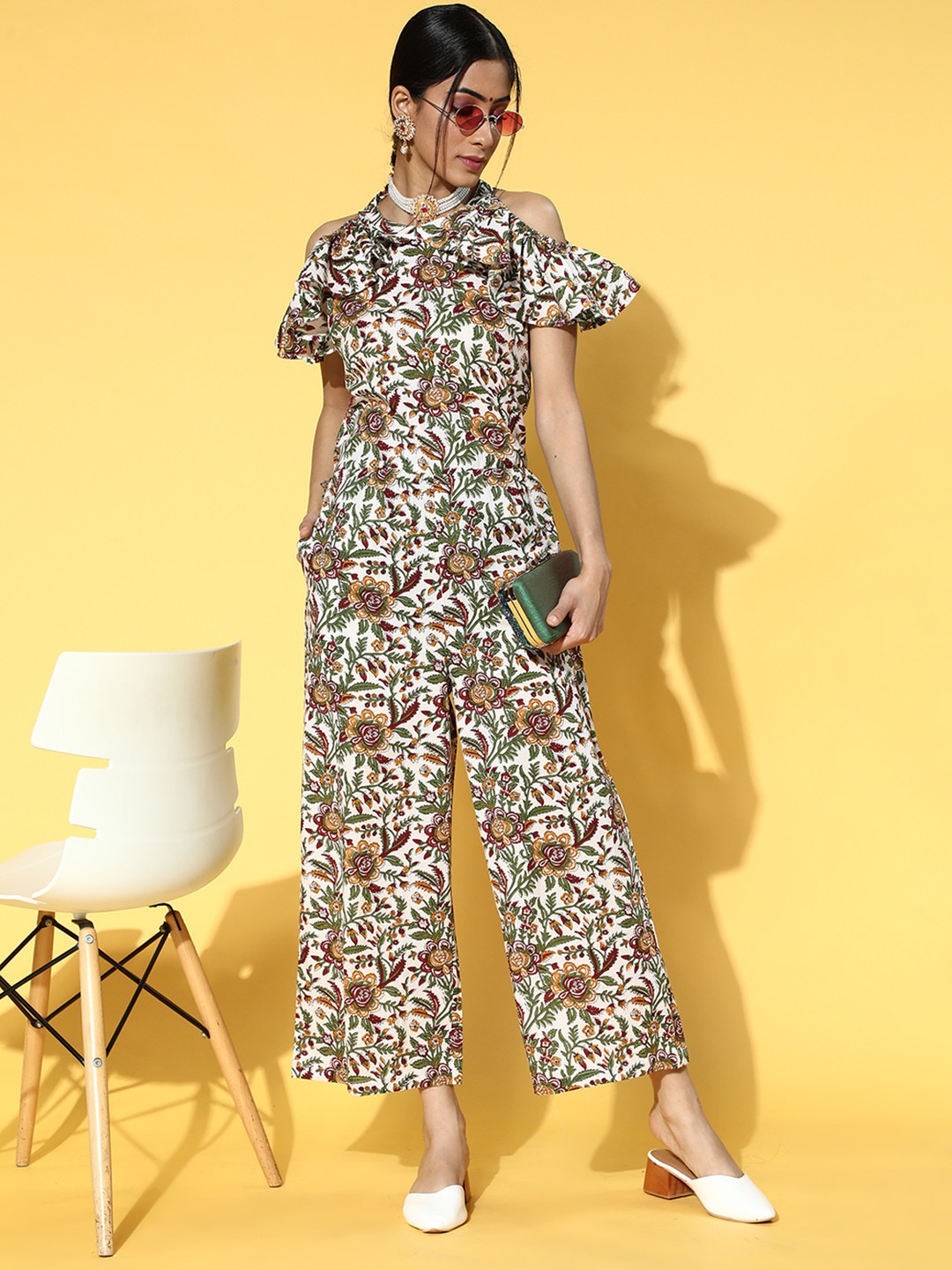 Yufta Women Classic White Printed Nuovo Sleeves Jumpsuit
