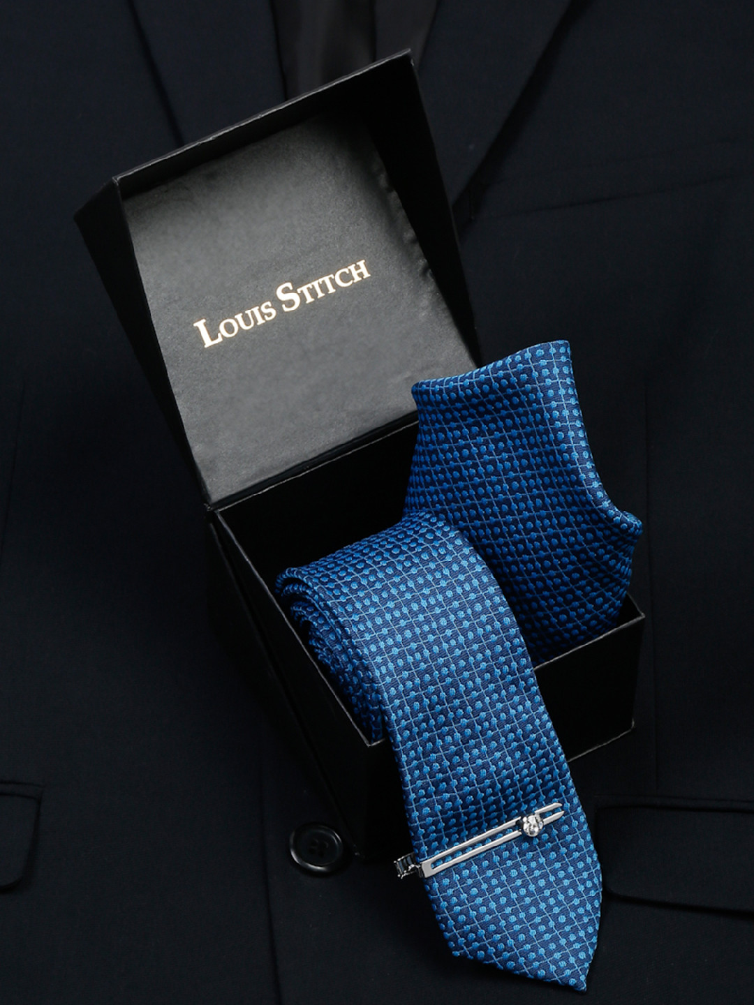 LOUIS STITCH Men Polka Square Blue Italian Silk Necktie Accessory Gift Set