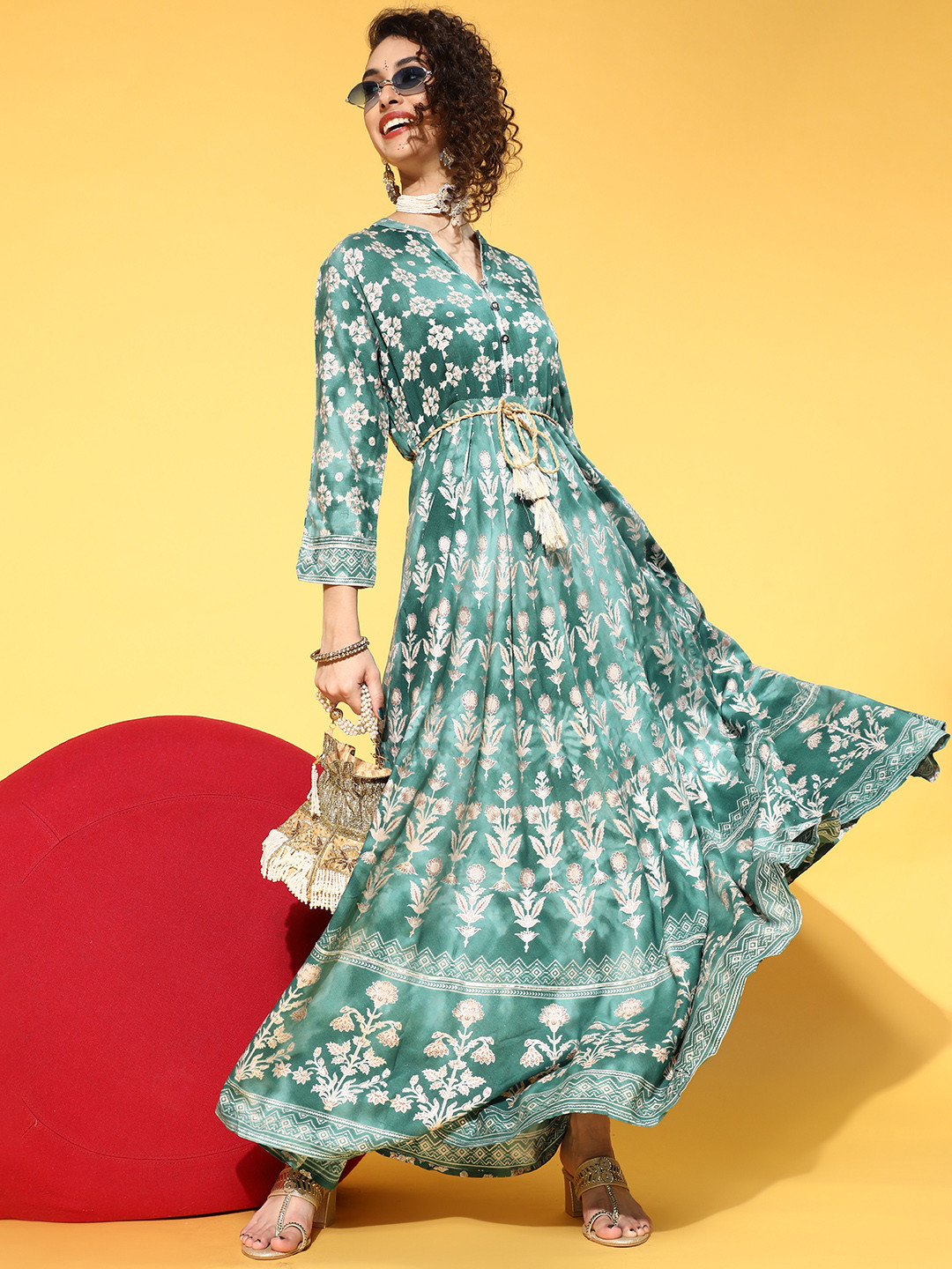 Juniper Women Tranquil Teal Floral Swirling Volume Dress