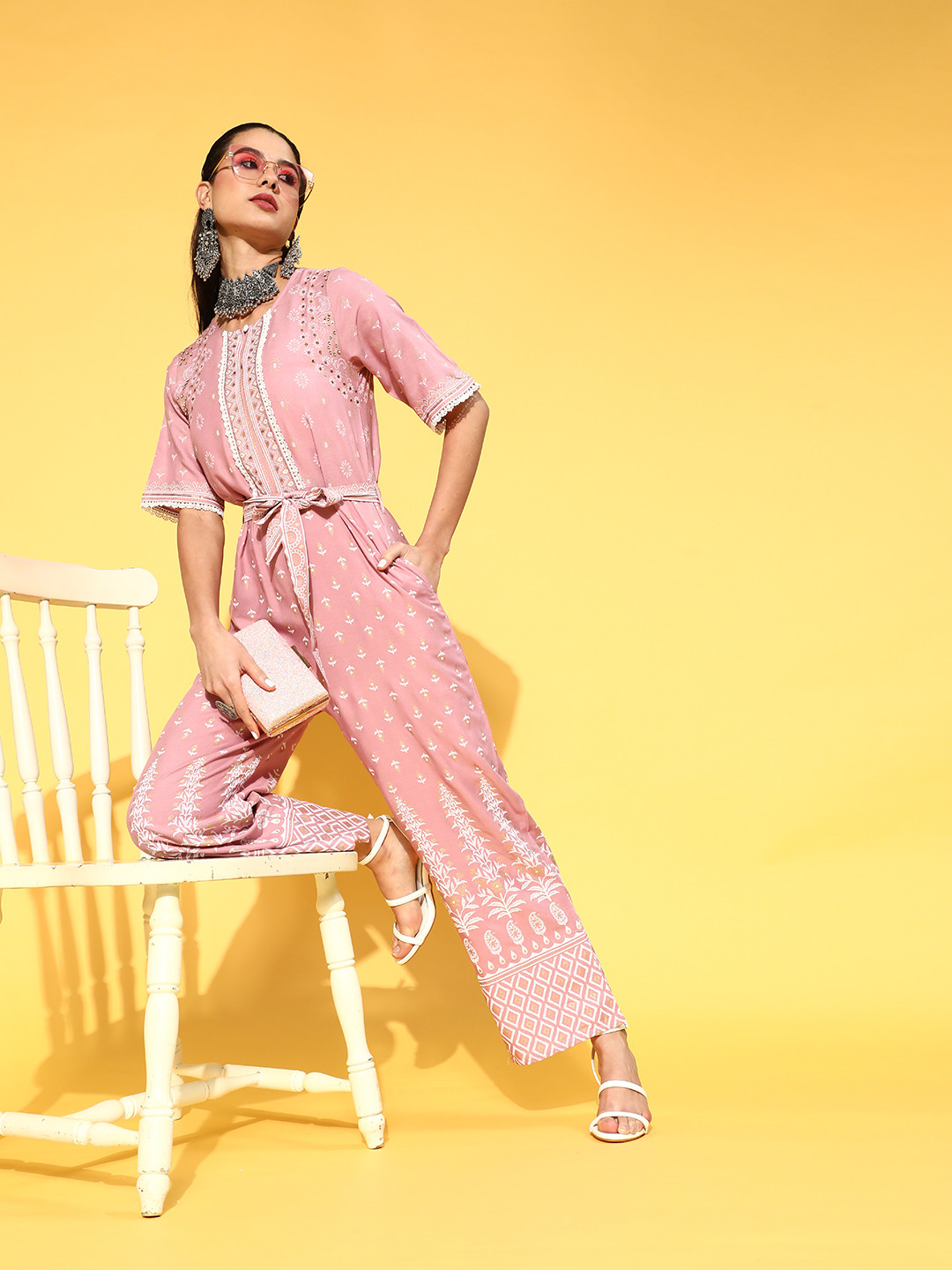 Juniper Women Pretty Pink Printed Elevated Bottom Jumpsuit
