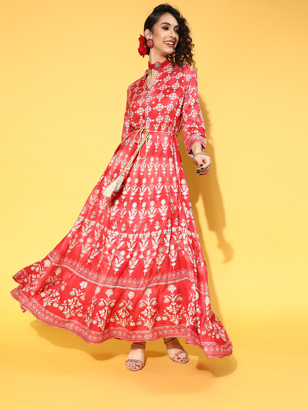 Juniper Women Attractive Peach Floral Swirling Volume Dress