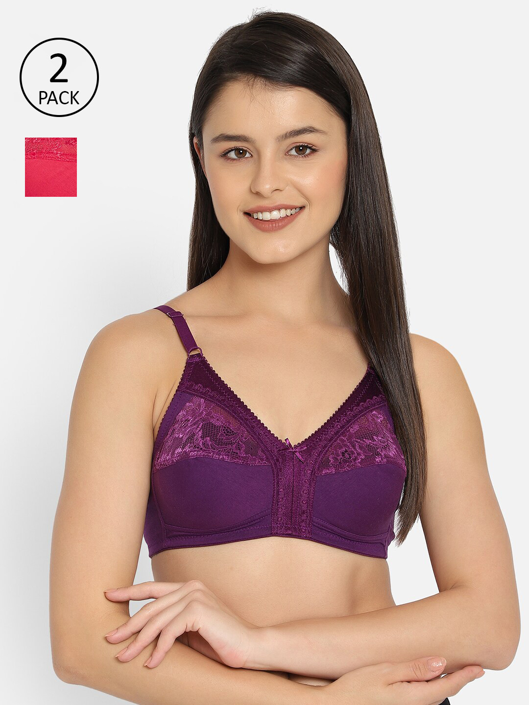 Clovia Purple & Magenta Set Of 2 Cotton Non-Padded Non-Wired Full Cup Bra COMBRC905-Multicolor