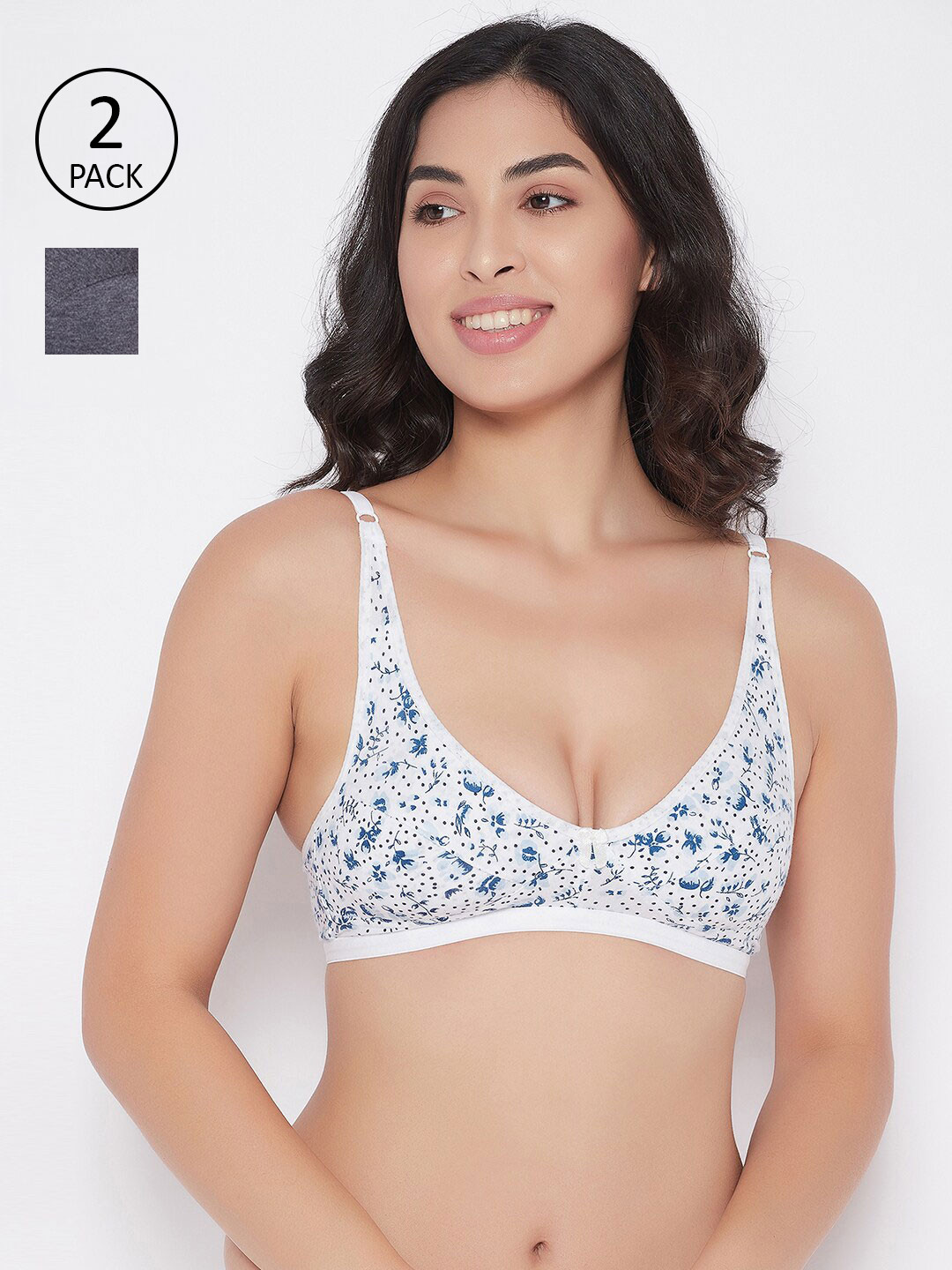 Clovia Black & White Set Of 2 Floral Cotton Non-Padded Non-Wired Full Cup Bra COMBRC872-Multicolor