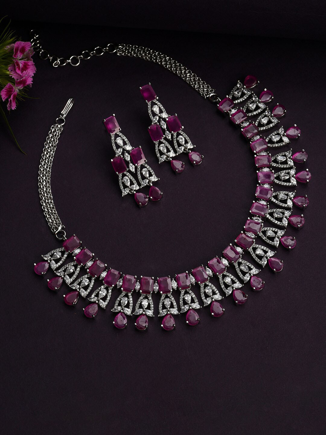 SOHI Silver-Plated Pink Stones Studded Jewellery Set