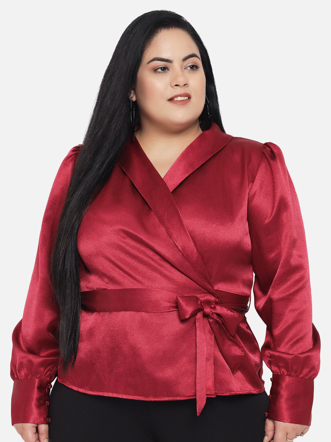 wild U Plus Size Women Maroon Satin Wrap Top