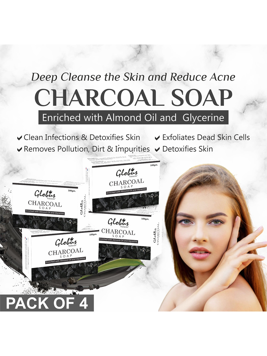 Globus naturals Set of 4 Deep Cleaning & Exfoliating Activated Charcoal Soap 100 g each