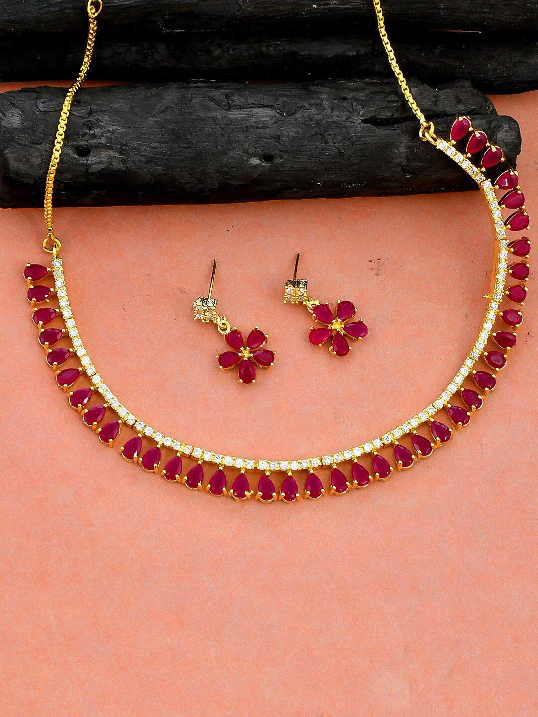 Silvermerc Designs Women Gold-Plated & Red AD Stone Studded & Beaded Necklace Set