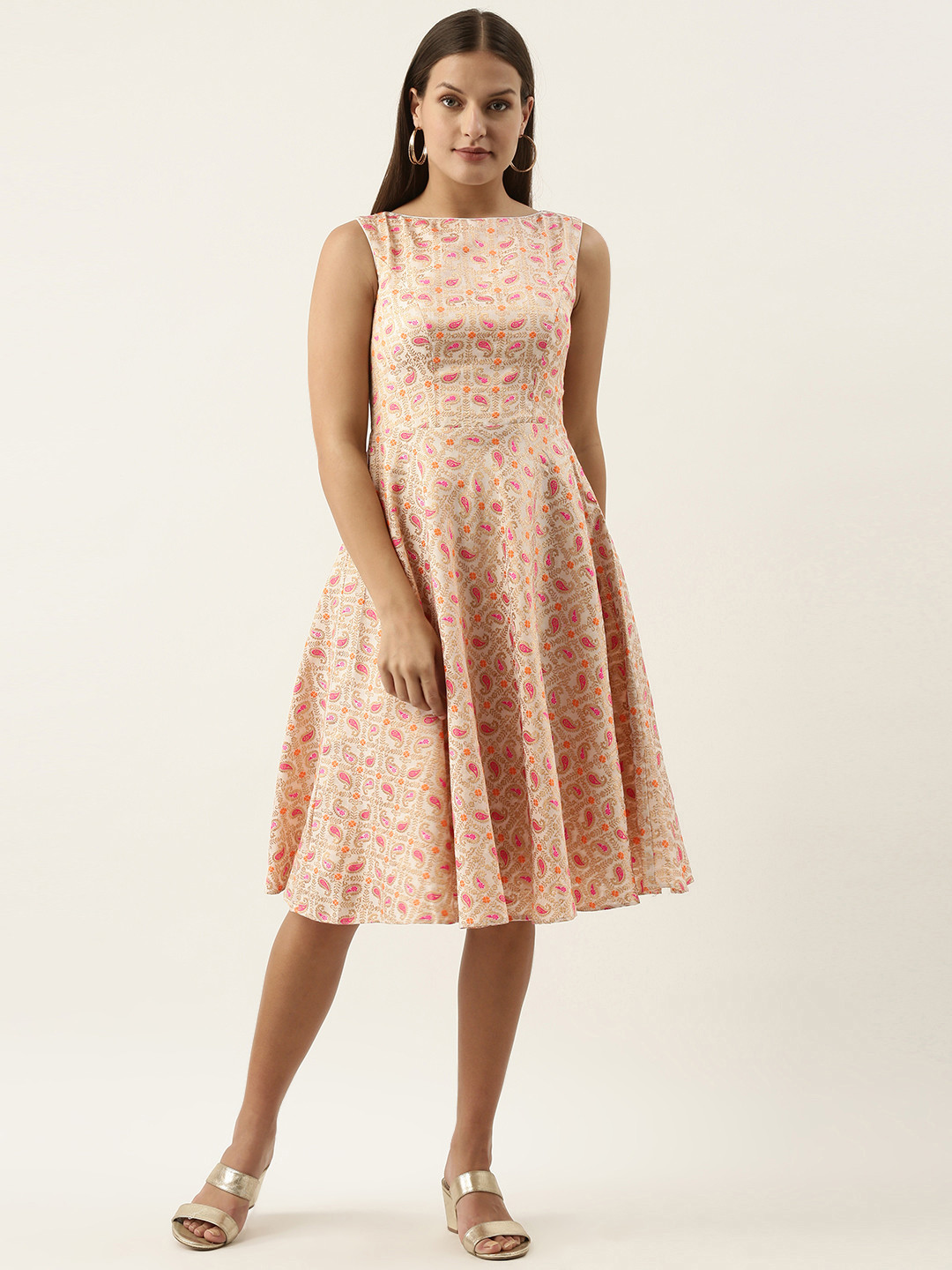 Ethnovog Beige  Pink Ethnic Design A-Line Dress