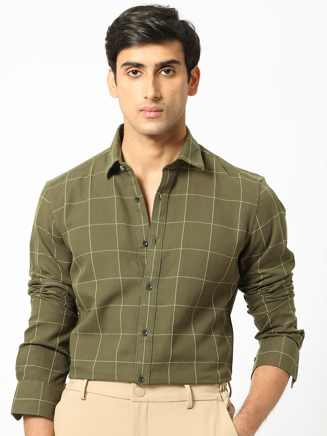 RARE RABBIT Men Olive Green Custom Slim Fit Windowpane Checks Checked Cotton Casual Shirt