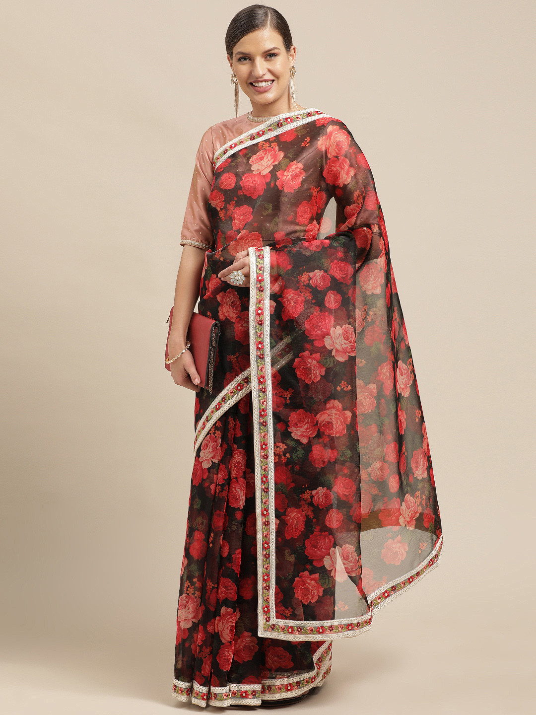 Ethnovog Red  Black Floral Organza Saree