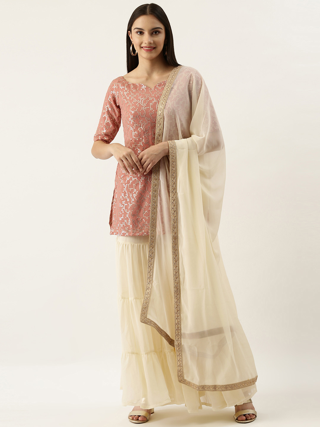 Ethnovog Women Dusty Pink  Off-White Embroidered Made to Measure Kurta Set