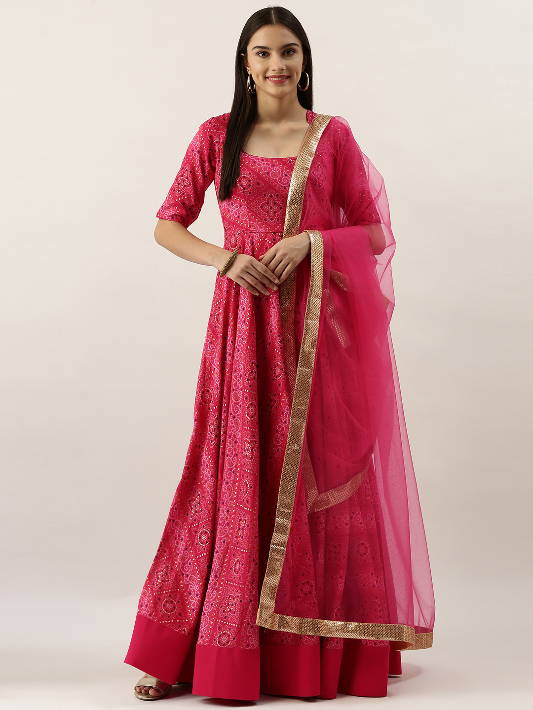 Ethnovog Women Pink Bandhani Print Made to Measure Kurta with Trousers  Dupatta