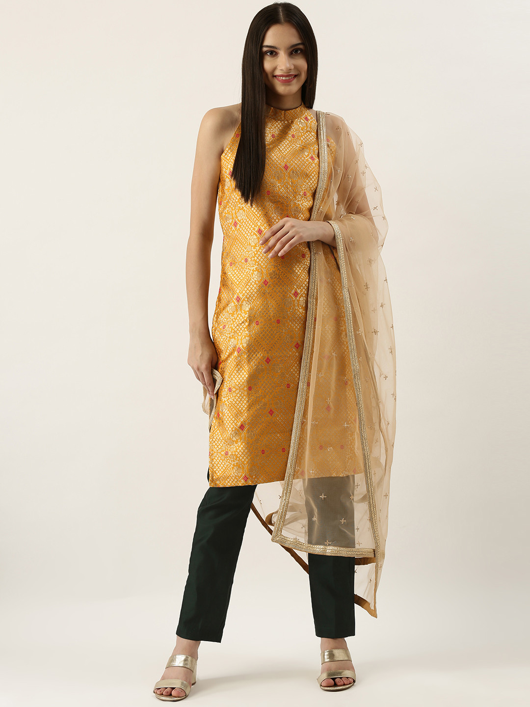 Ethnovog Women Mustard Yellow  Green Made to Measure Kurta with Trousers  Dupatta