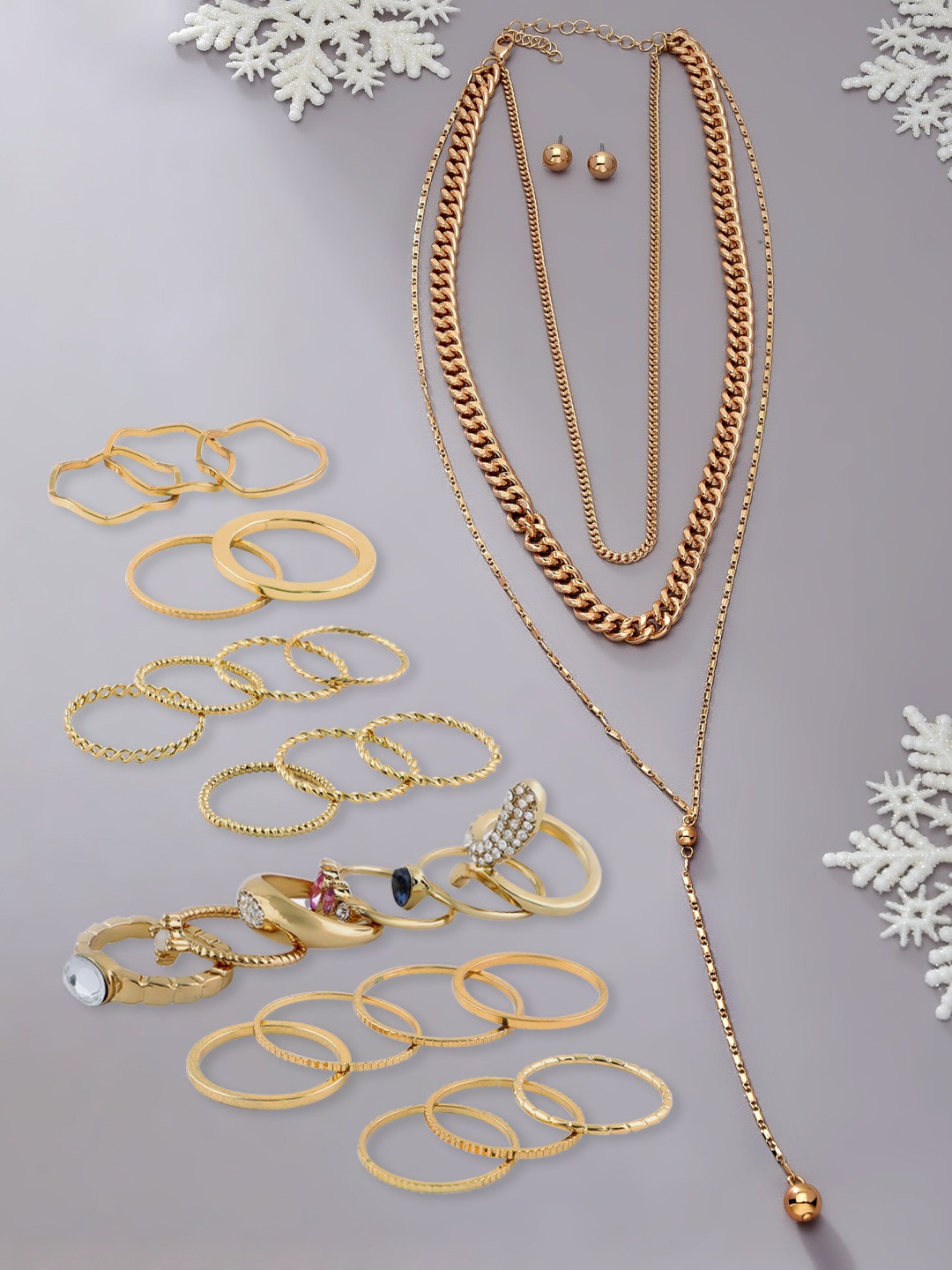 AMI Set of 25 Gold-Plated Layered Chain Necklace With Earrings & Rings
