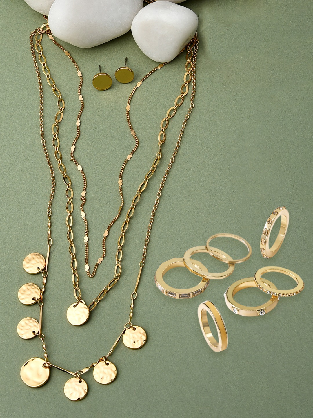 AMI Gold-Plated Layered Chain Necklace With Earrings & Rings Set