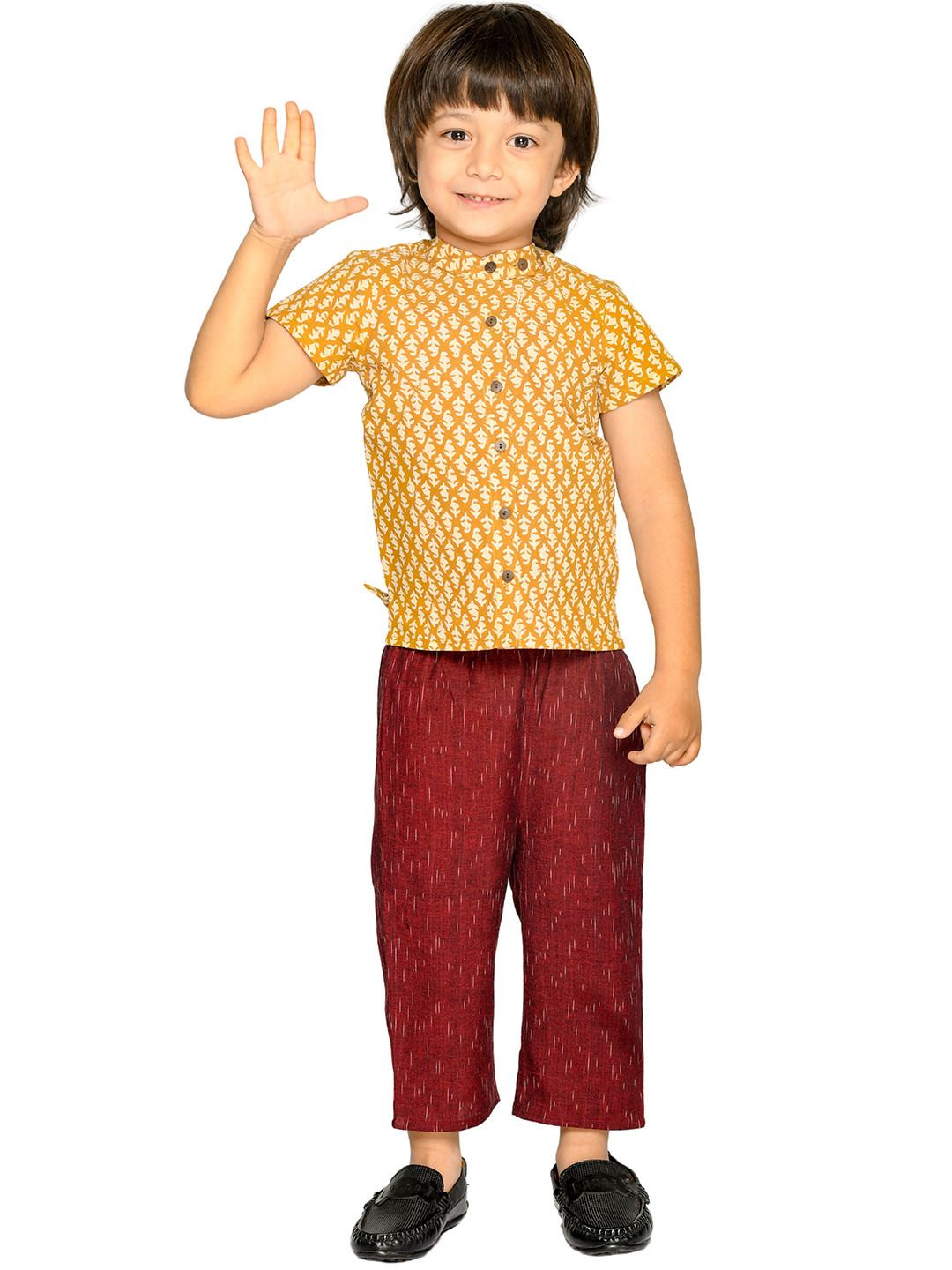 Tiny Bunnies Kids Mustard Yellow & Maroon Pure Cotton Co-Ord Set