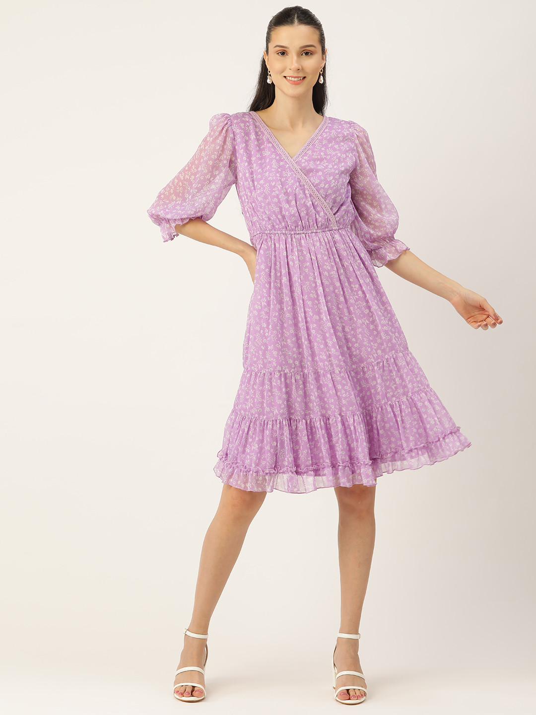 Antheaa Lavender Floral Chiffon Dress