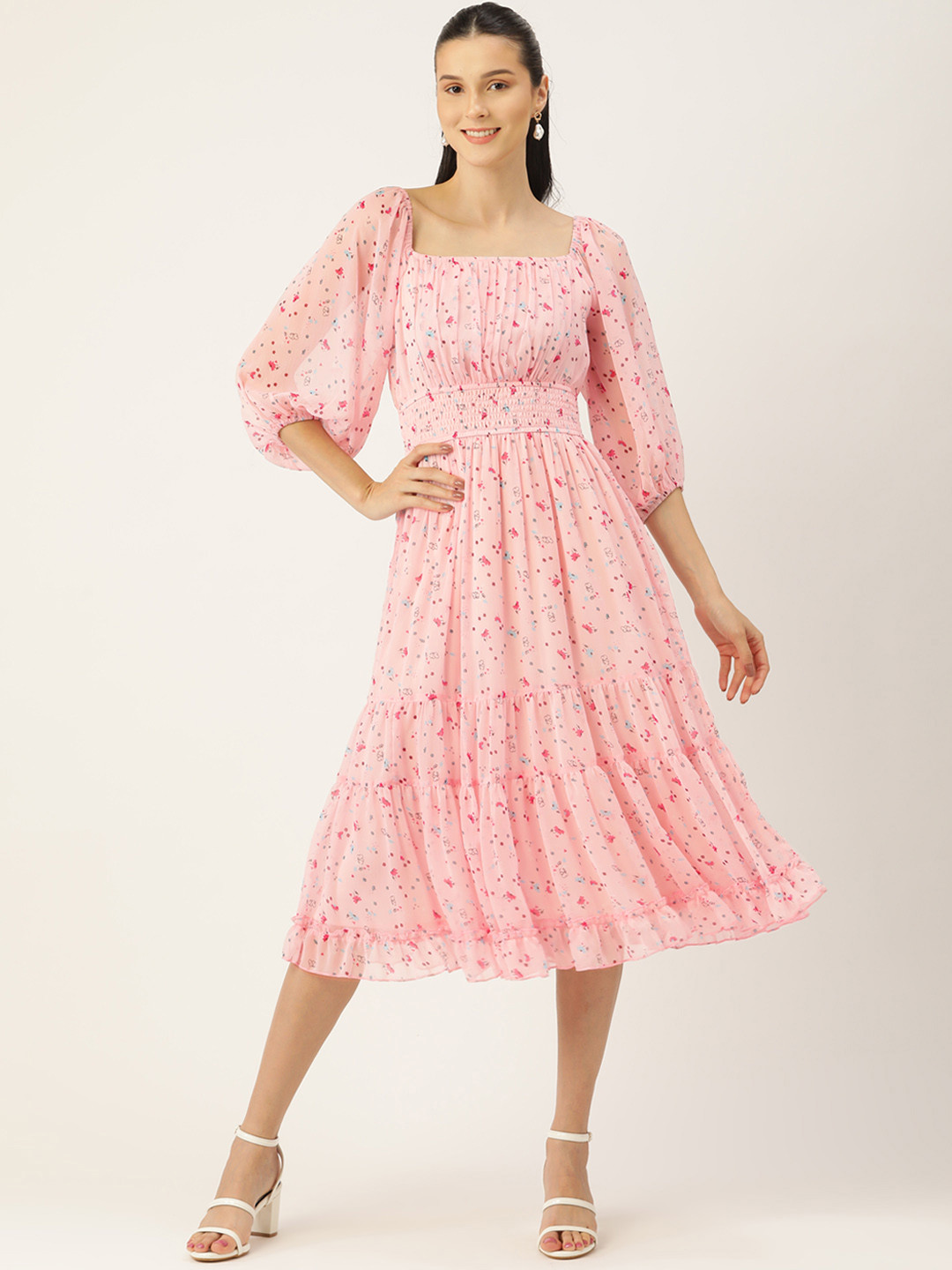 Antheaa Pink Floral Chiffon Midi Dress