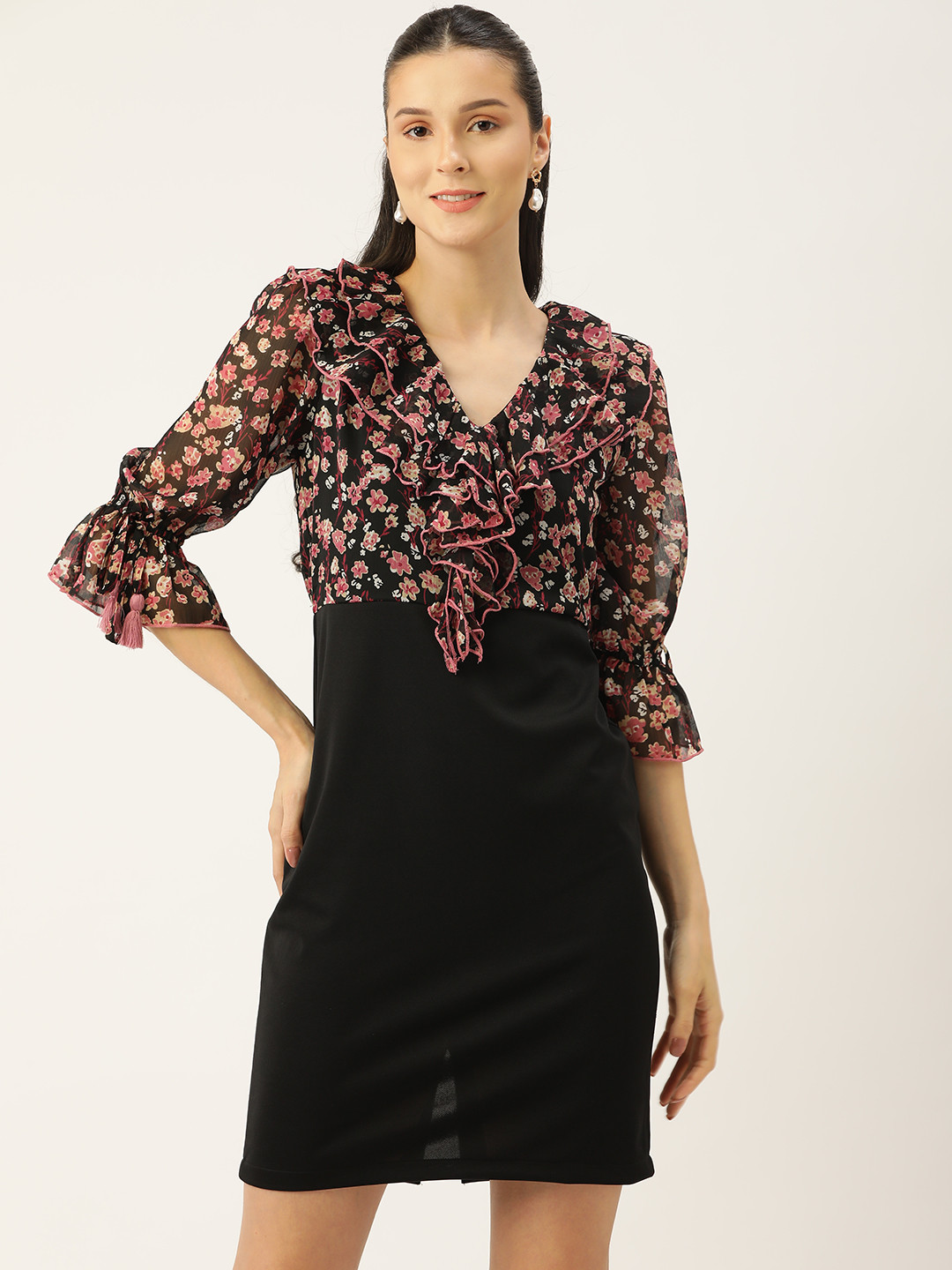 Antheaa Black & Pink Floral Chiffon Dress