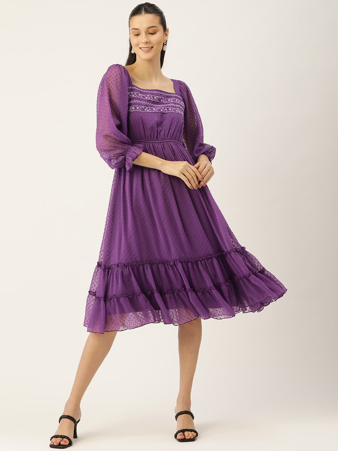 Antheaa Purple Chiffon Midi Dress