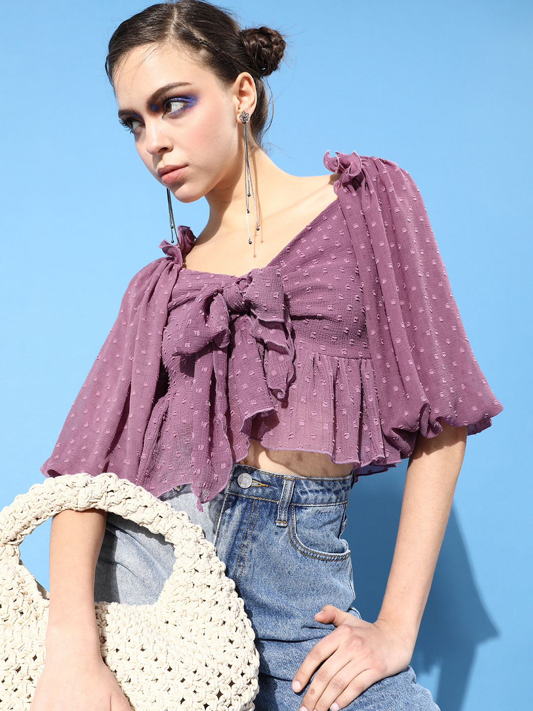 KASSUALLY Women Charming Purple Self-Design Volume Play Top
