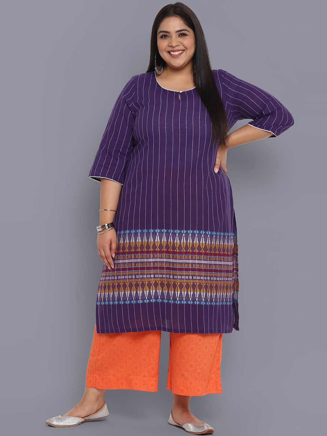 AURELIA Women Plus Size Violet & White Striped Keyhole Neck Thread Work Pure Cotton Kurta