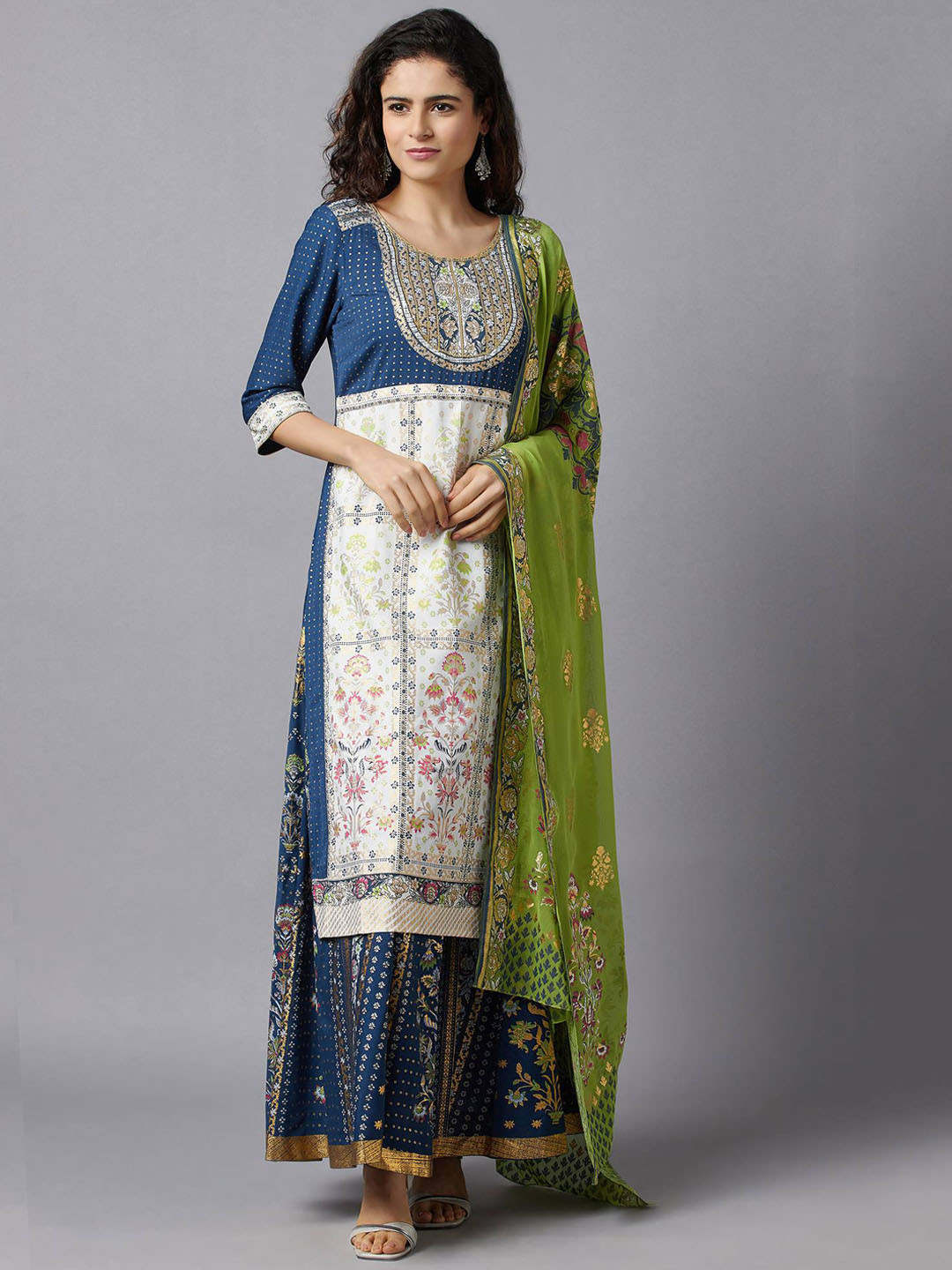 AURELIA Women Blue Ethnic Motifs Printed Empire Kurta with Skirt & With Dupatta