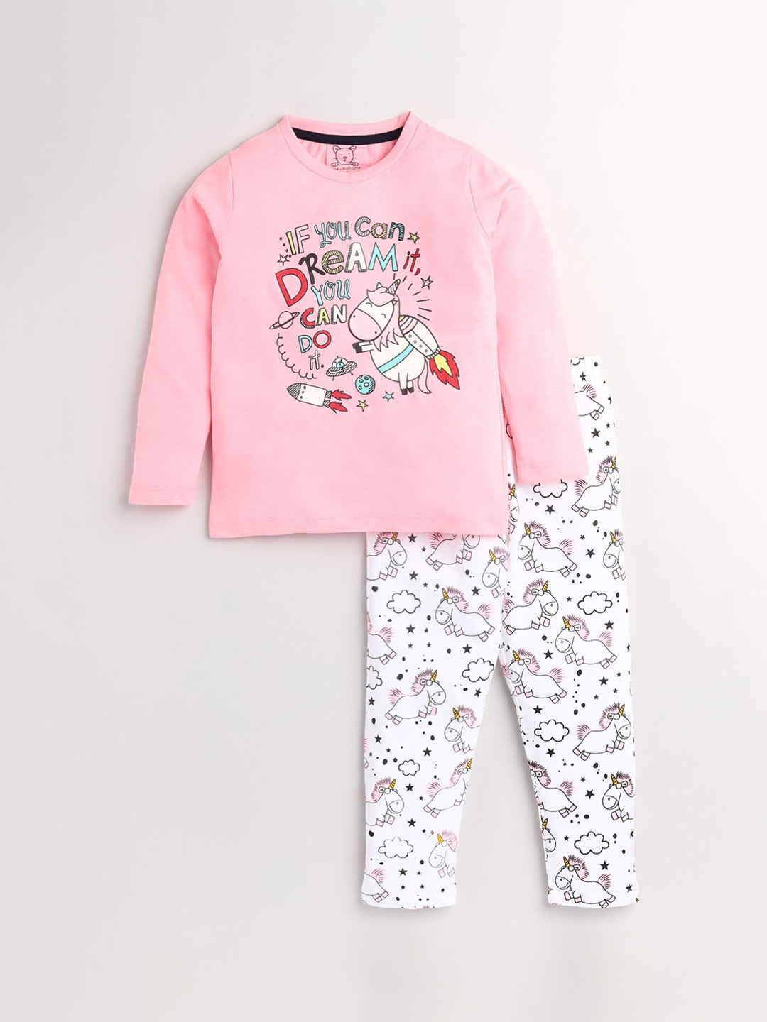 Lazy Shark Girls Pink & White Printed Night suit