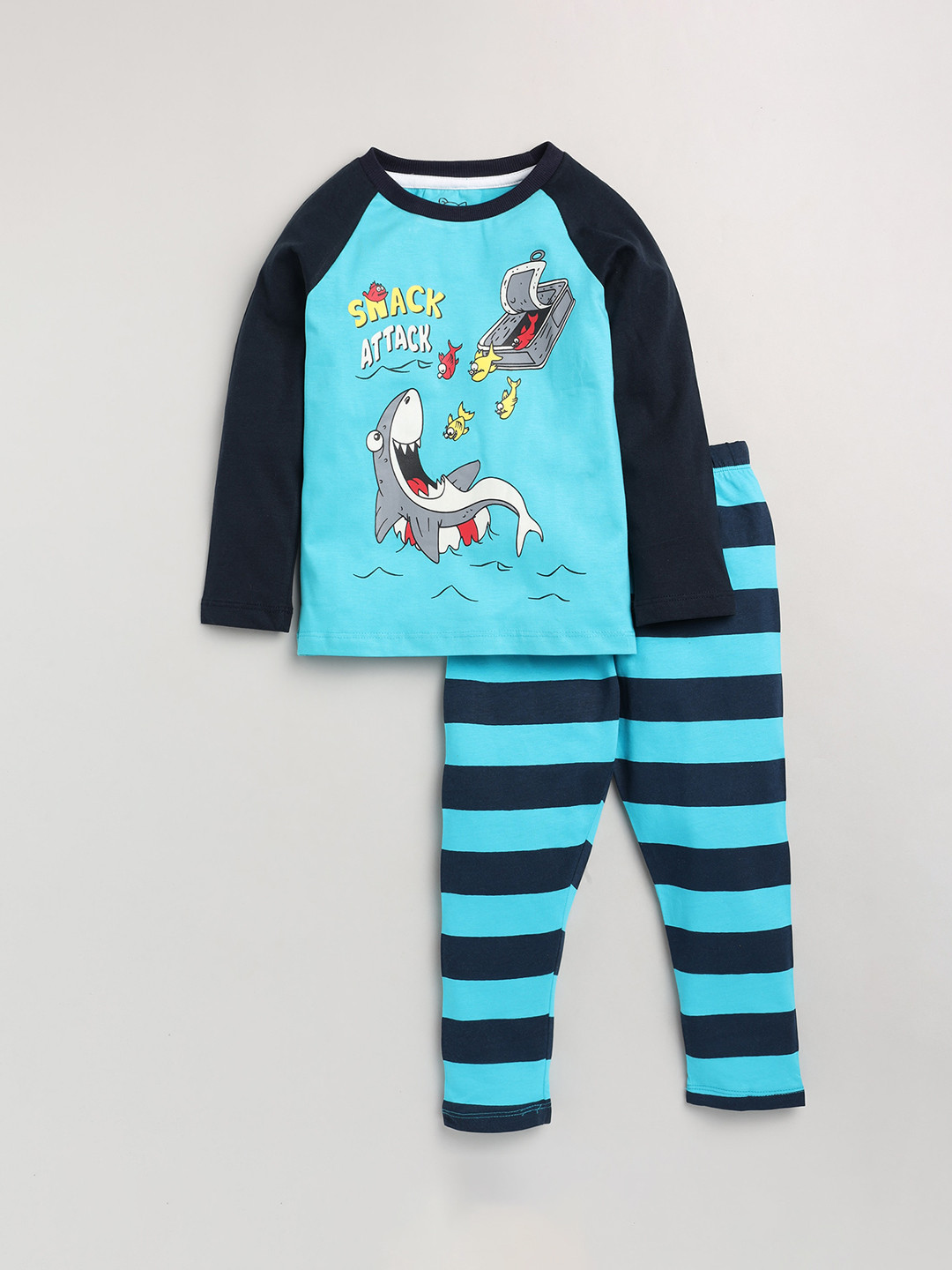 Lazy Shark Boys Turquoise Blue & Black Printed Night suits