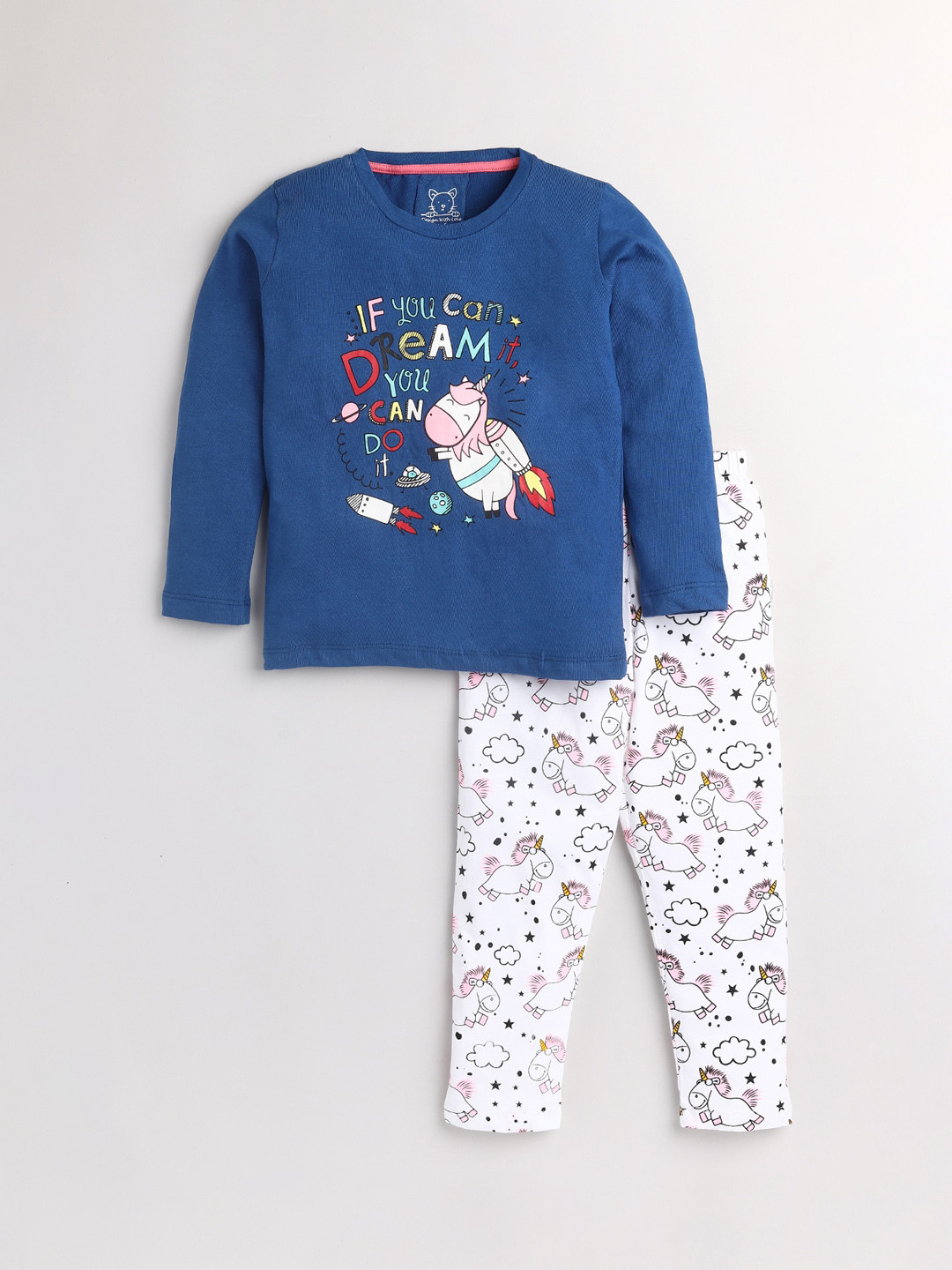 Lazy Shark Girls Blue & White Graphic Printed Night Suit