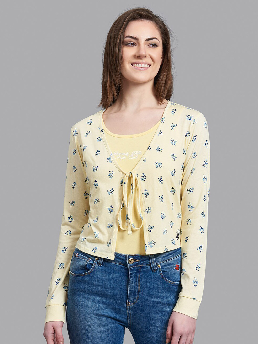 Beverly Hills Polo Club Women Yellow & Blue Floral Printed Cardigan