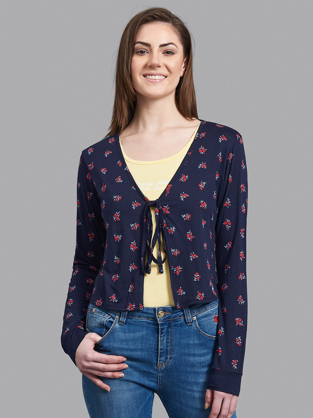 Beverly Hills Polo Club Women Navy Blue & Red Floral Printed Crop Tie-Up Shrug