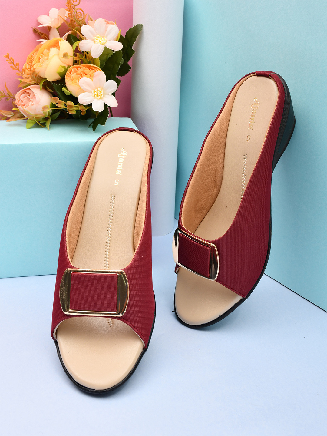 Ajanta Red & Gold-Toned Solid Wedge Heel Sandals with Buckles