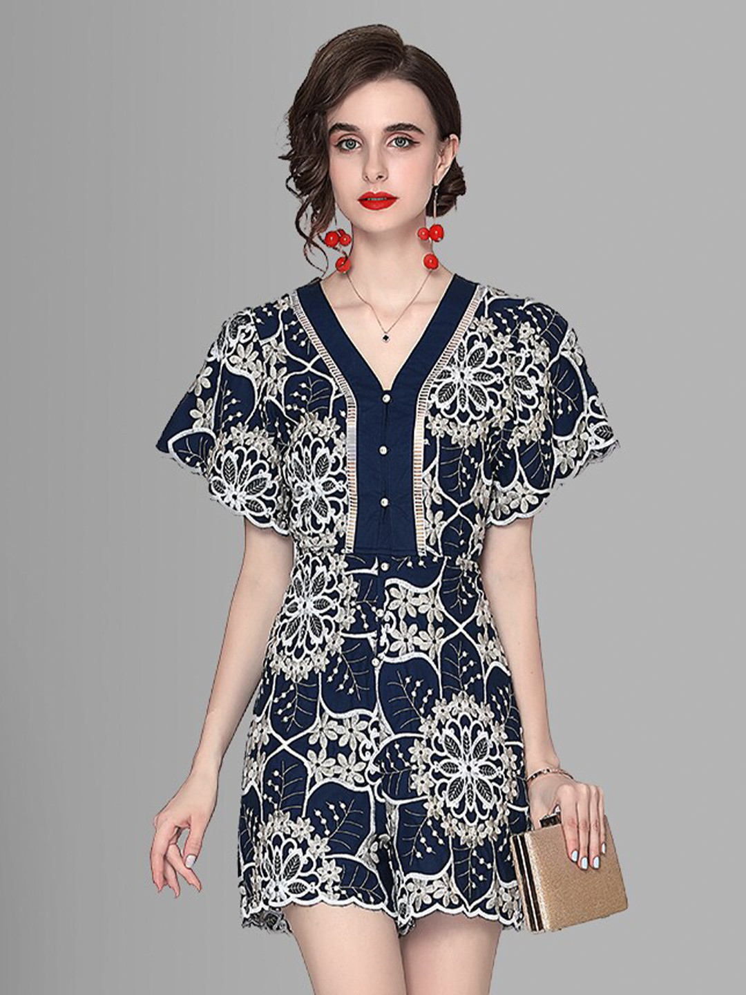 JC Collection Navy Blue & White Printed Basic Jumpsuit