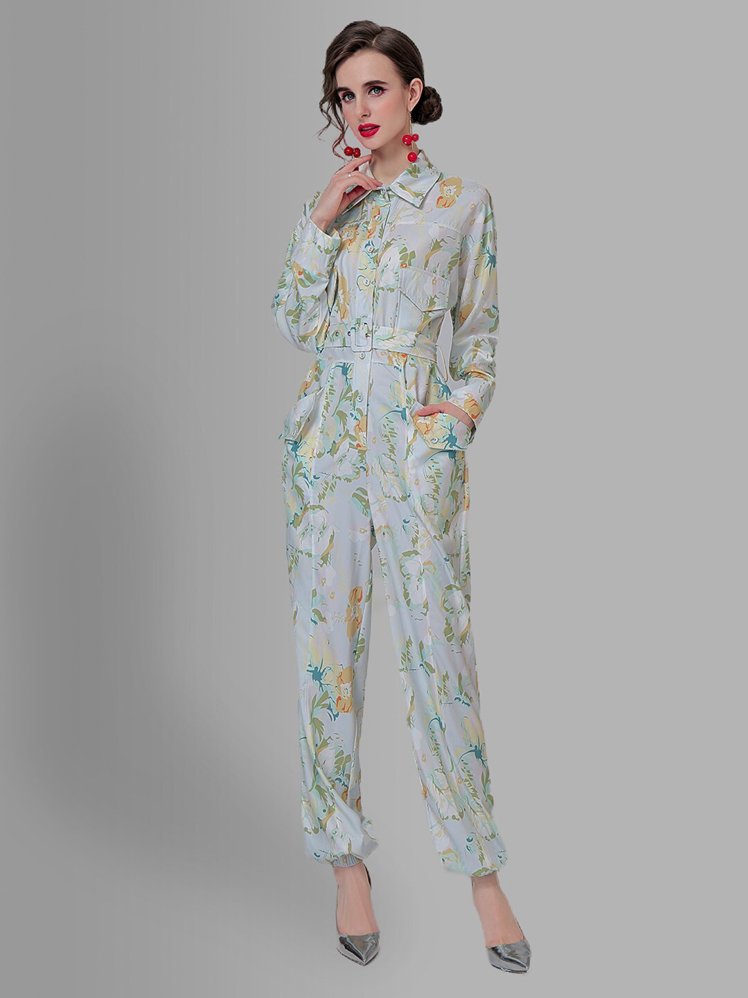 JC Collection Grey & Green Printed Basic Jumpsuit