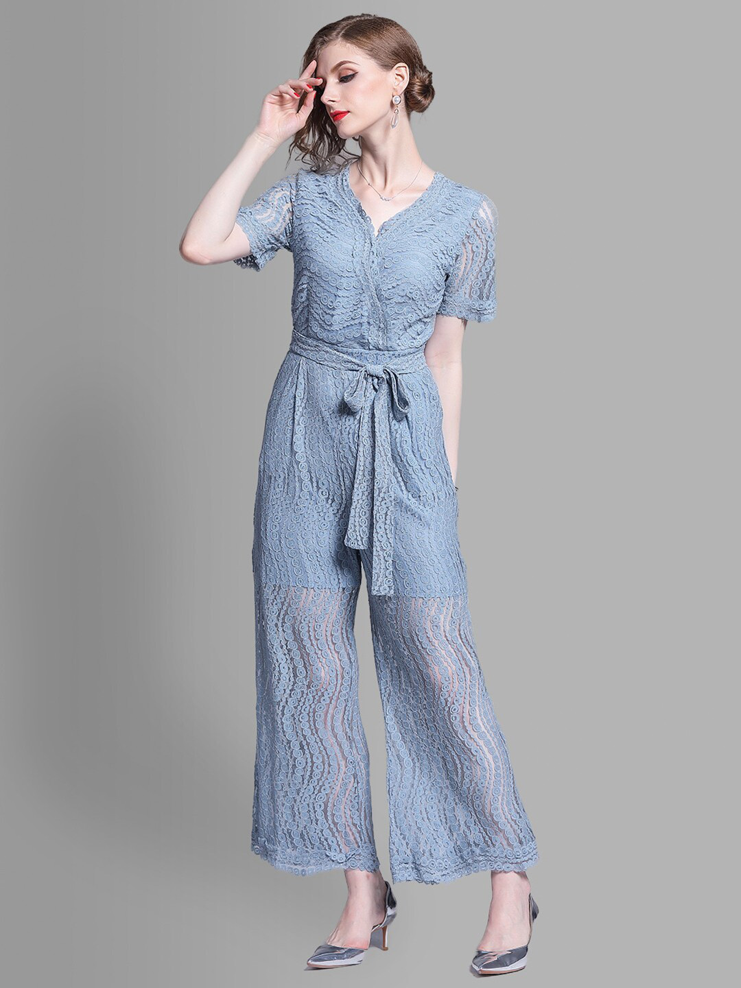 JC Collection Women Blue Self Design Basic Jumpsuit