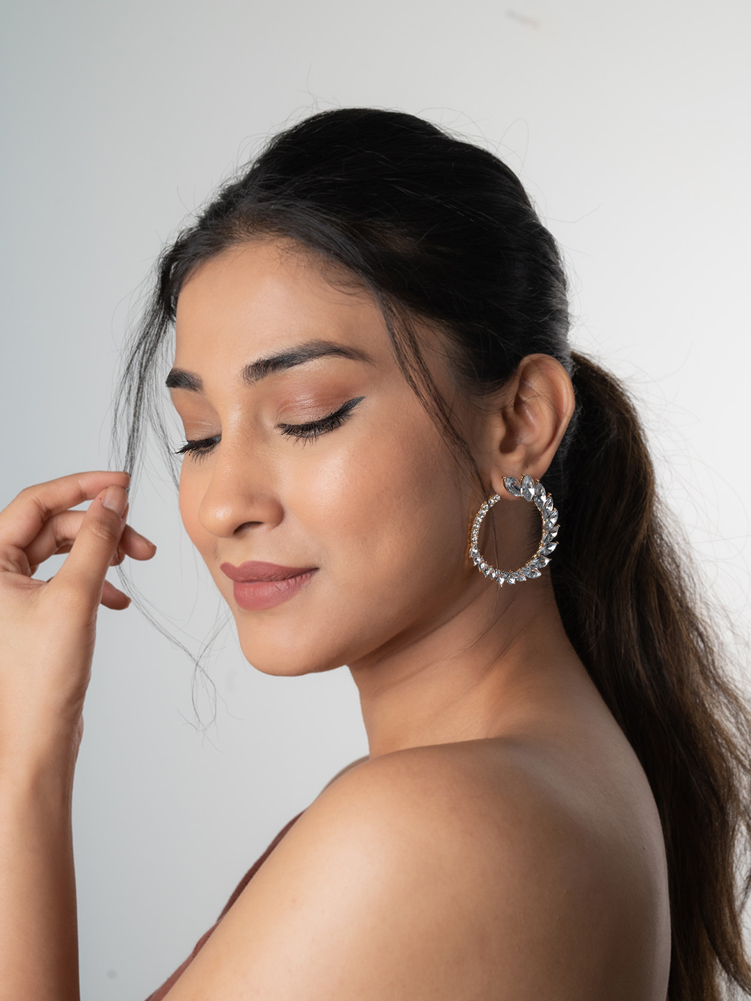WHITE LIES Silver-Toned Circular Zircon-Studded Half Hoop Earrings