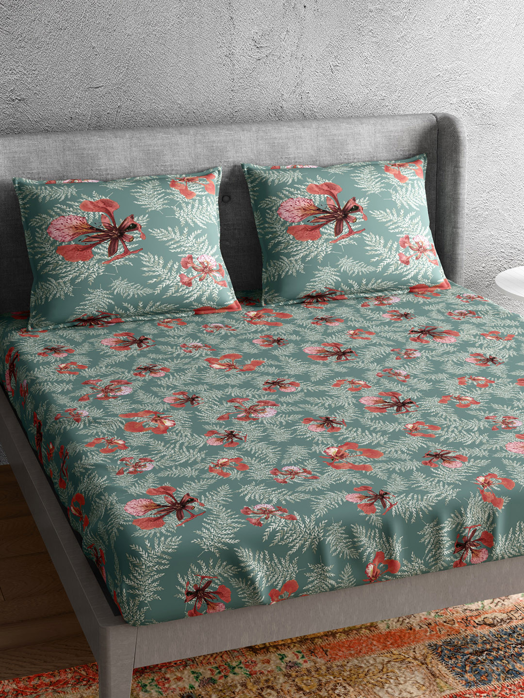 PETAL HOME Poinciana Grey Floral Pure Cotton Skin-Friendly 300 TC Queen Fine Bedsheet with 2 Pillow Covers-108 x 90 inches