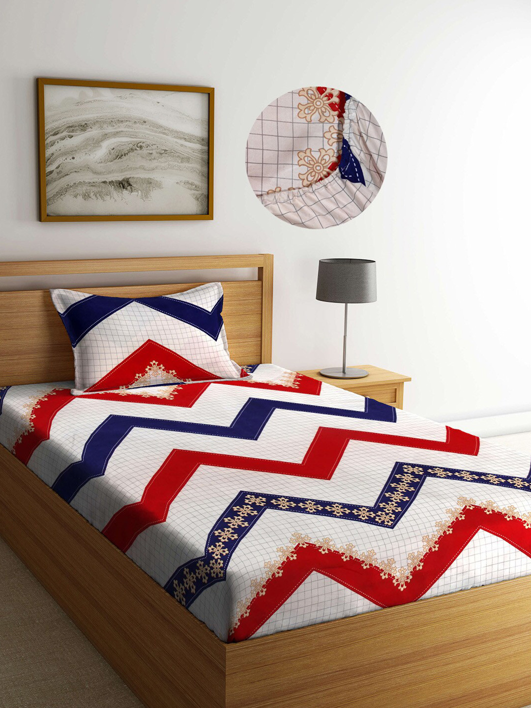 Arrabi White Chevron Cotton 300 TC Fitted Single Fine Bedsheet with a Pillow Cover-87 x 59 inches