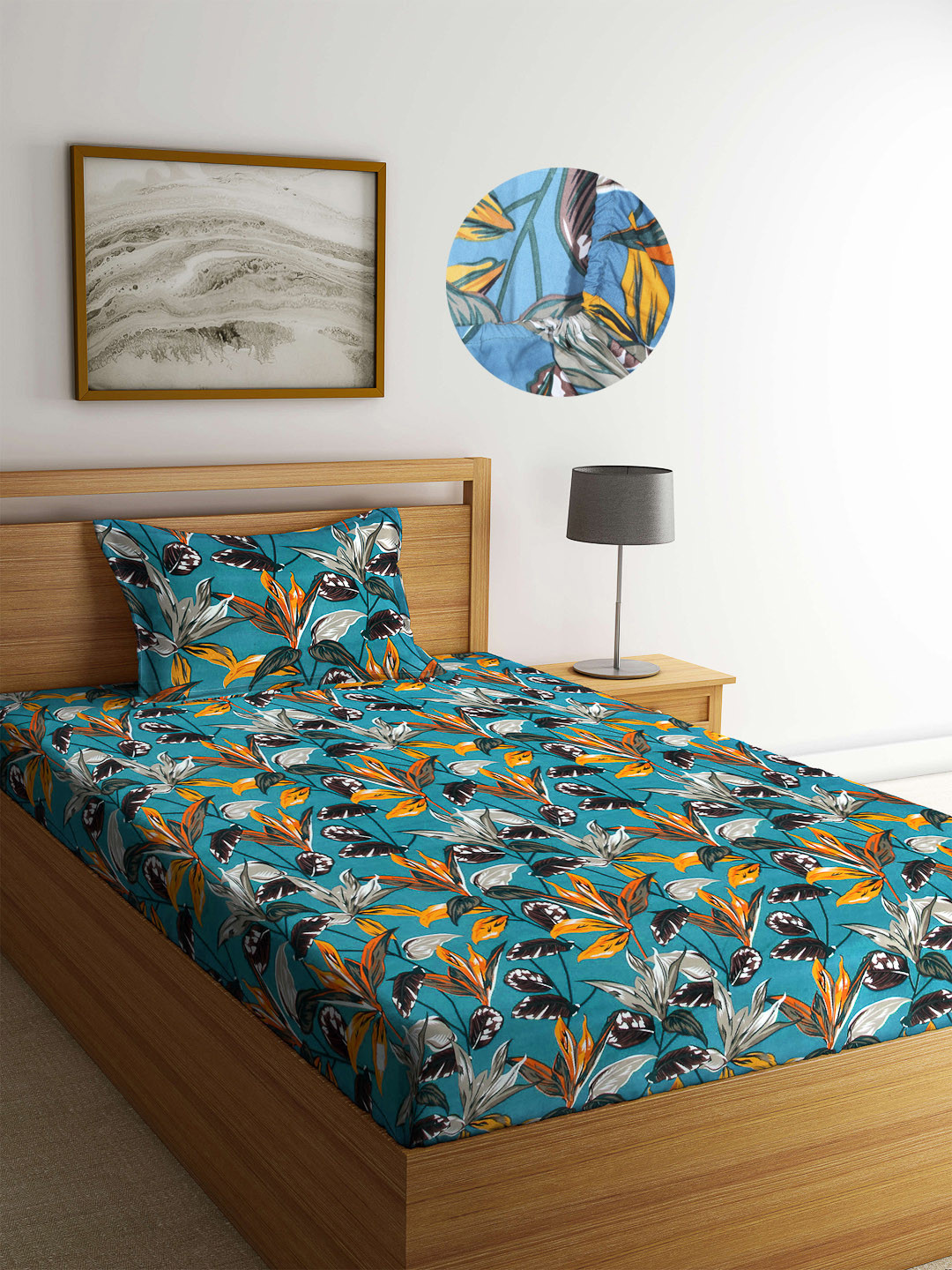 Arrabi Teal Leaf Cotton Skin-Friendly 300 TC Fitted Single Fine Bedsheet with a Pillow Cover-87 x 59 inches