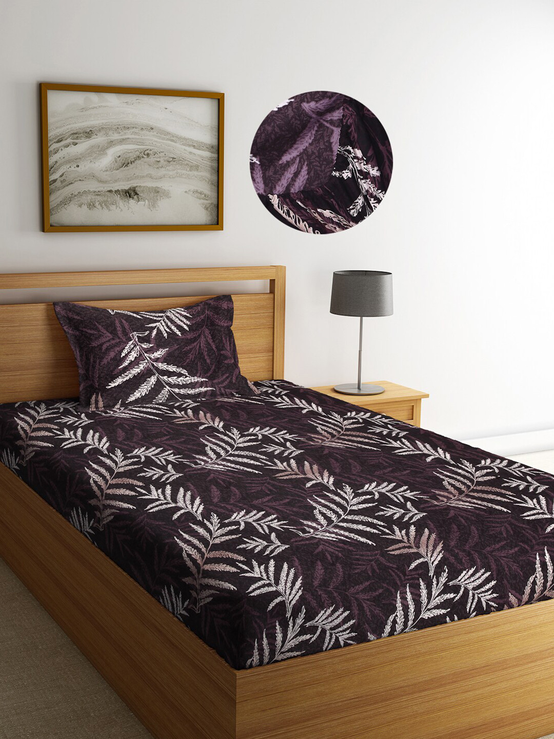 Arrabi Brown Leaf Cotton Skin-Friendly 300 TC Fitted Single Fine Bedsheet with a Pillow Cover-87 x 59 inches
