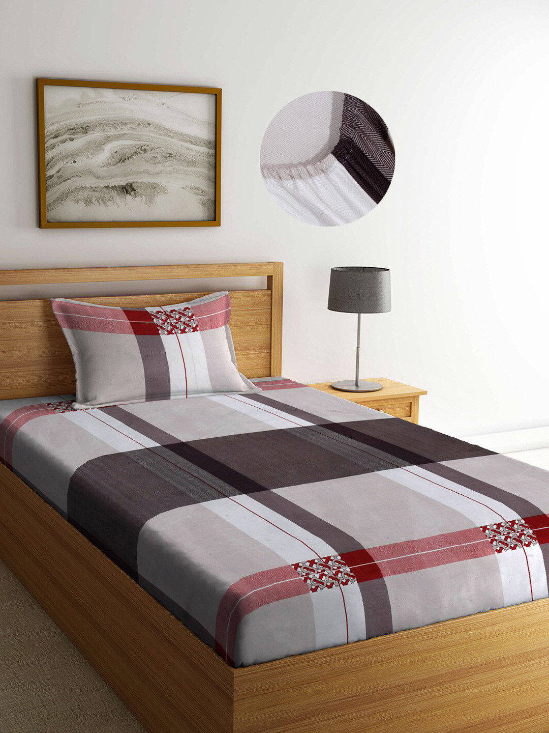 Arrabi Multi Geometric 300 TC Cotton Blend Single Size Fitted Bedsheet with 1 Pillow Cover