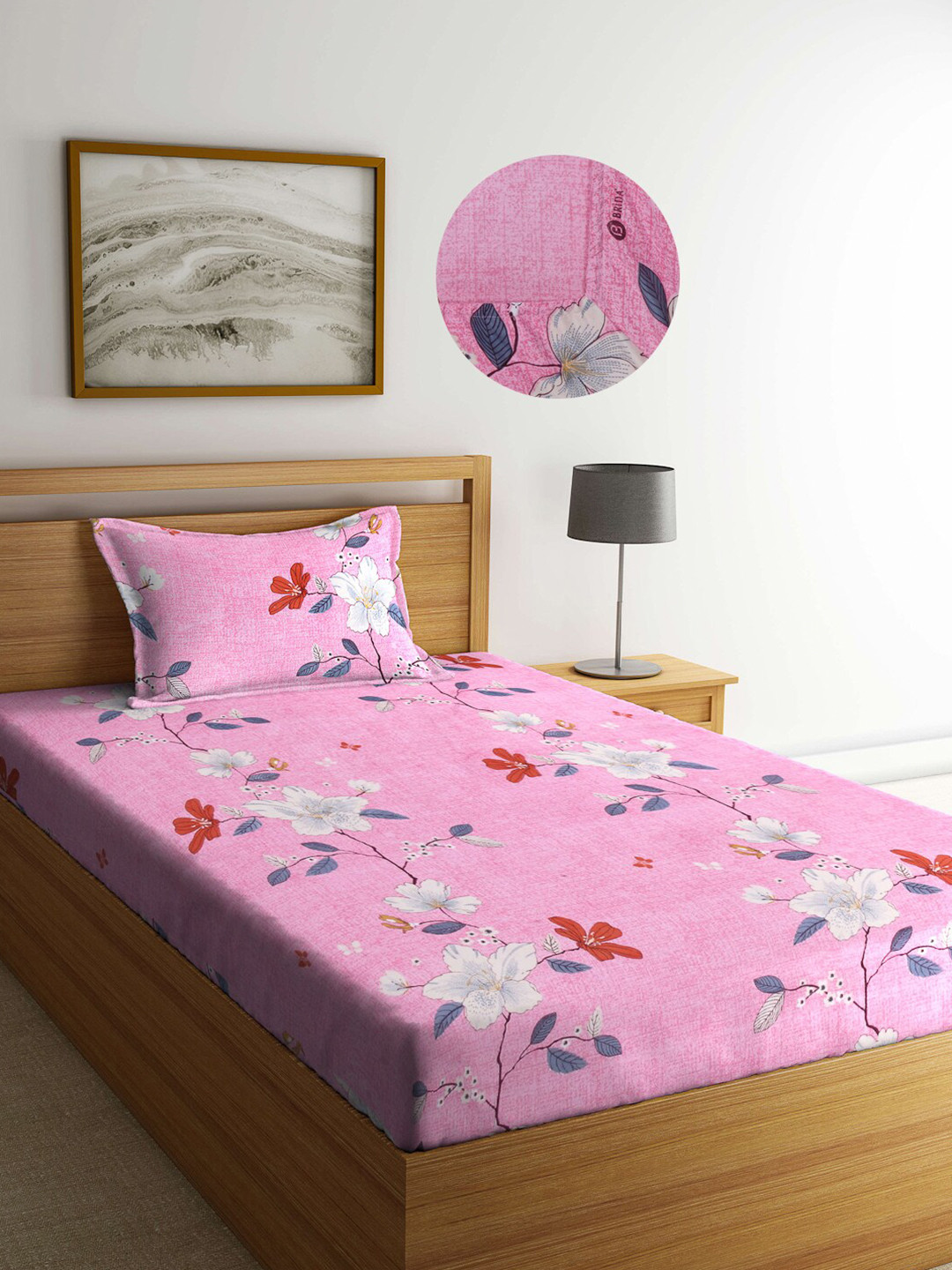 Arrabi Pink Floral Polycotton Skin-Friendly 300 TC Fitted Single Fine Bedsheet with a Pillow Cover-91 x 59 inches